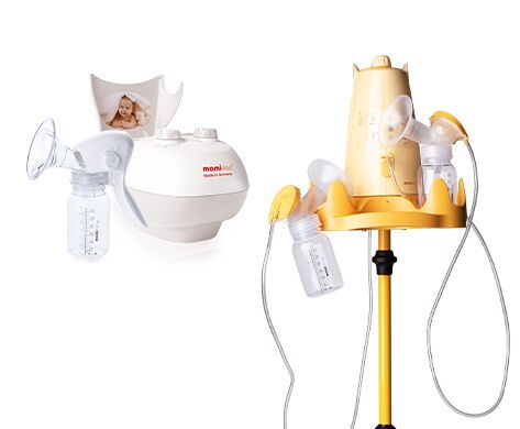 mamivac Klinik-Milchpumpen Sensitive-CFH auf Rollstativ, elektrische Milchpumpe Lactive und Easy Handmilchpumpe danebenstehend